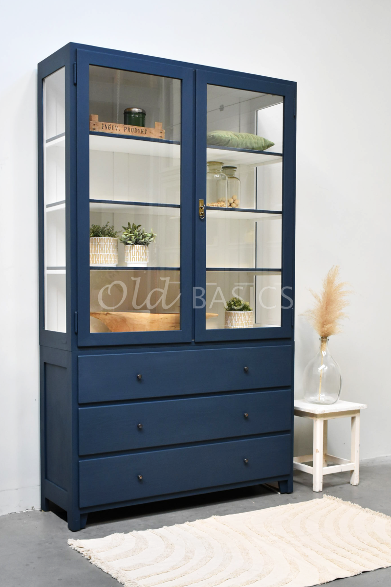 Detail van Vitrinekast Jeanette, 2 deuren, RAL5008, blauw, materiaal hout